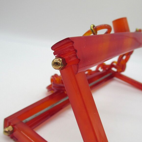 Vintage Chunky Lucite Purse Frame Linked Chain Handle Vermilion - Picture 14 of 16